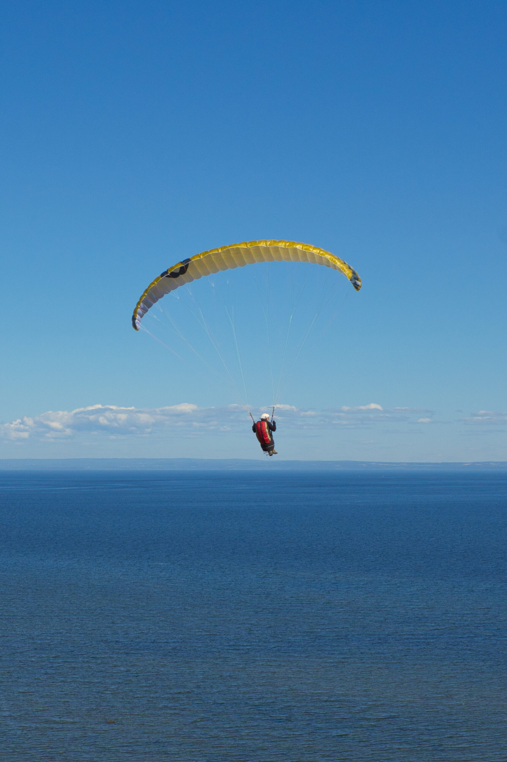 vertical shot of a person paragliding above the sea under the sunlight